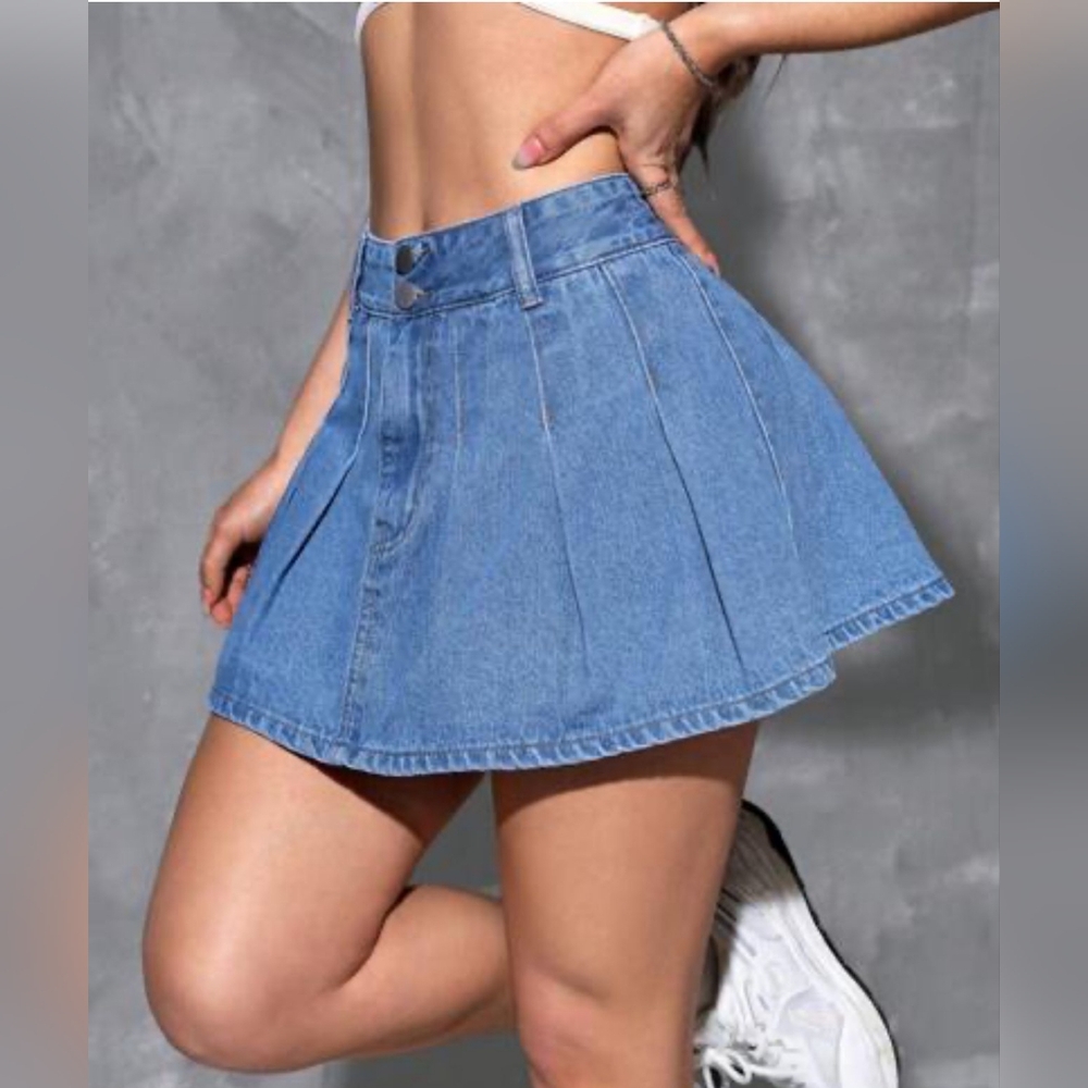 Women's Casual High Waist Pleated Hem Zipper Denim Skirt